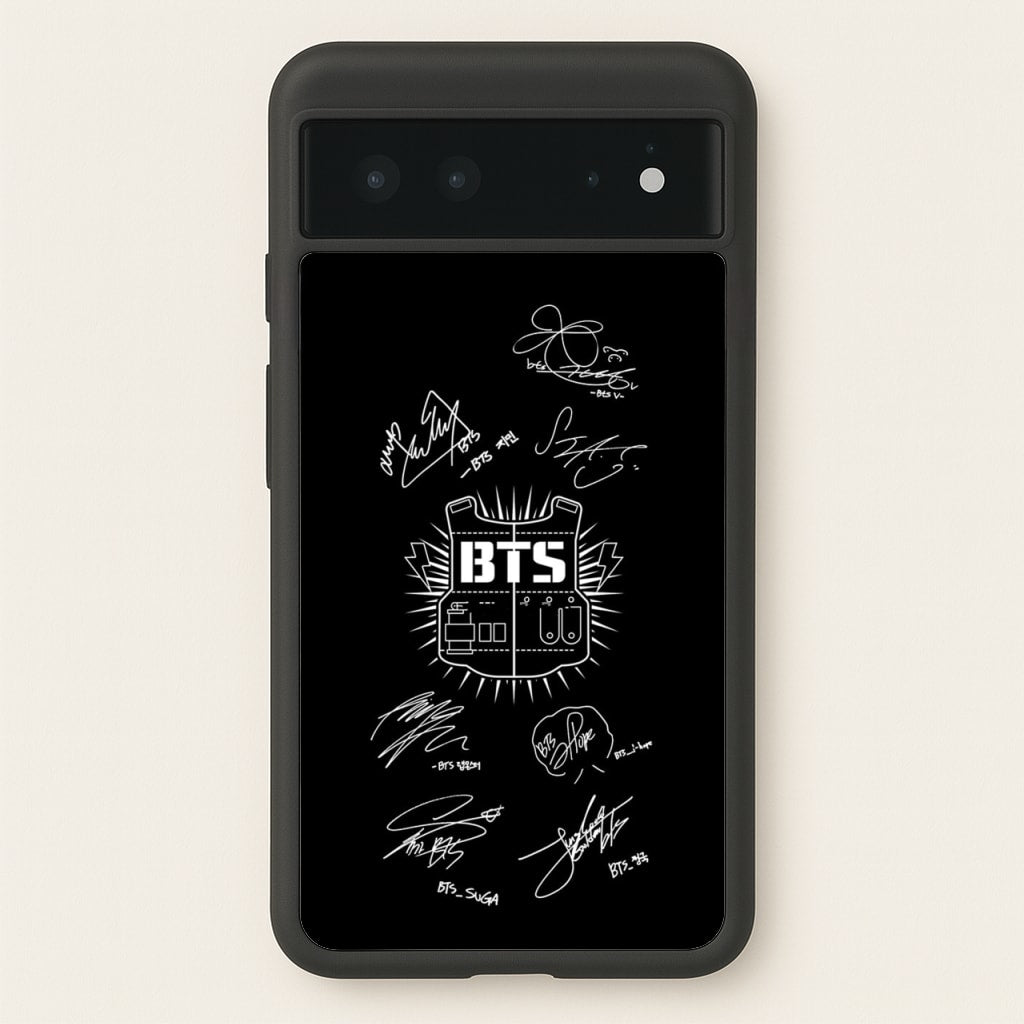 Black K-Pop Band Army Logo and Signatures - BTS Phone Case for Google Pixel 6