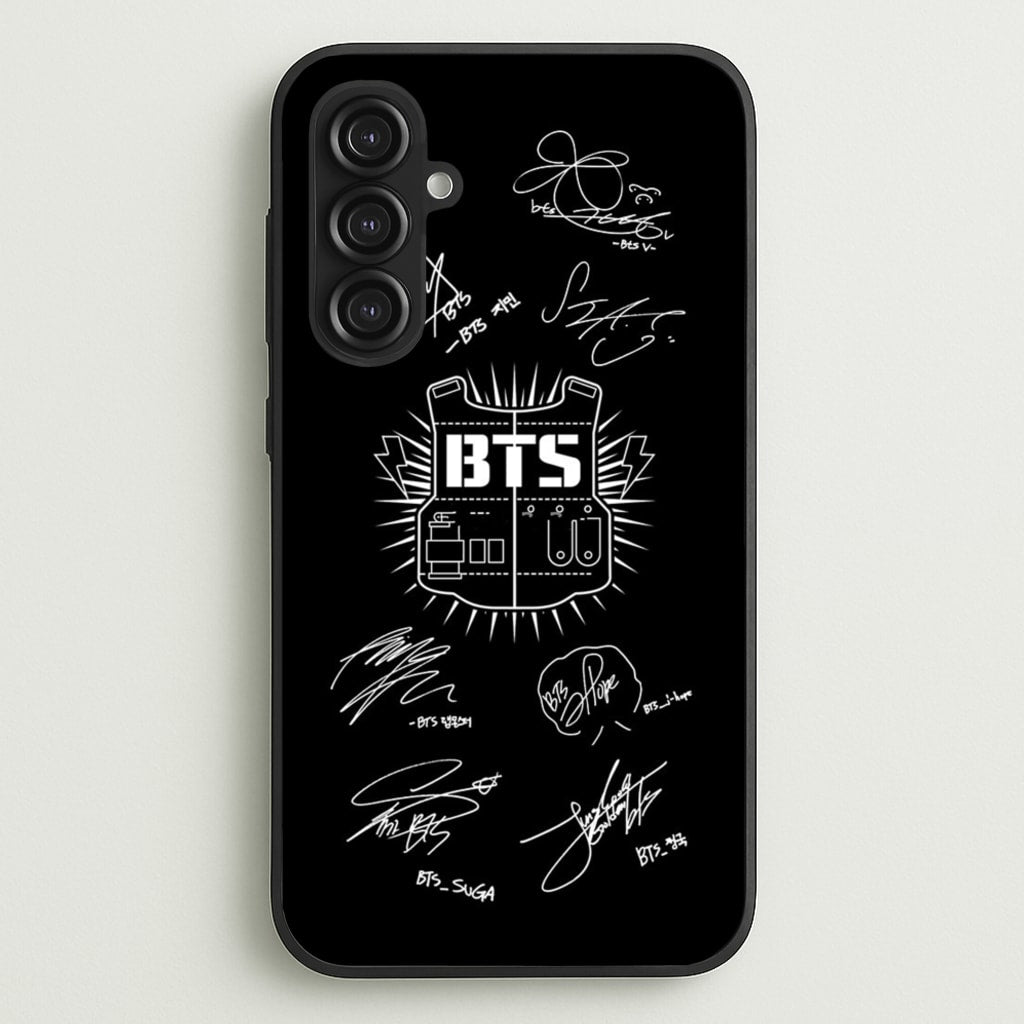 Black K-Pop Band Army Logo and Signatures - BTS Phone Case for Galaxy S23FE