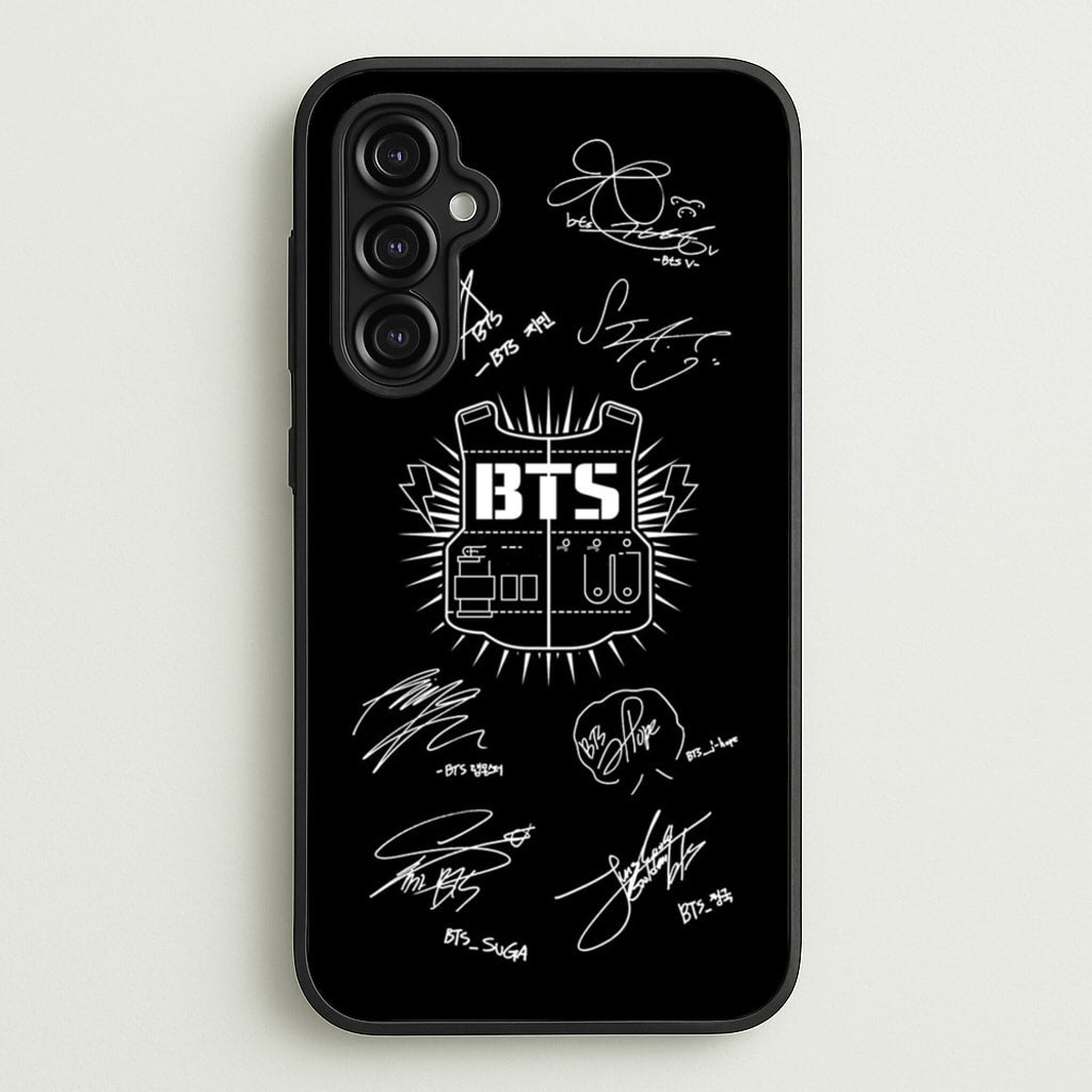 Black K-Pop Band Army Logo and Signatures - BTS Phone Case for Galaxy A14