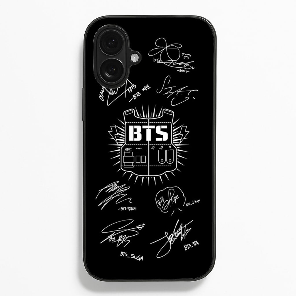 Black K-Pop Band Army Logo and Signatures - BTS Phone Case for iPhone 16 Plus
