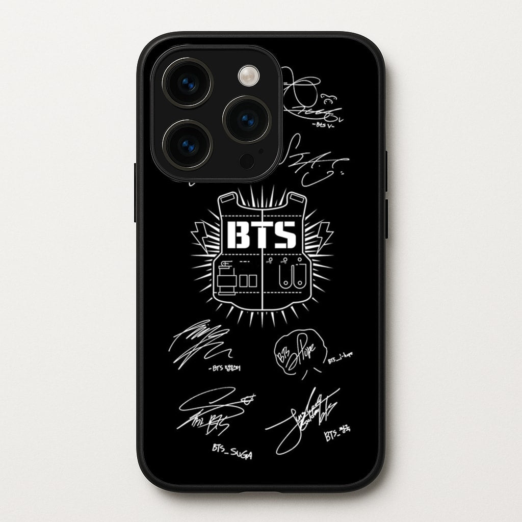 Black K-Pop Band Army Logo and Signatures - BTS Phone Case for iPhone 14 Pro Max