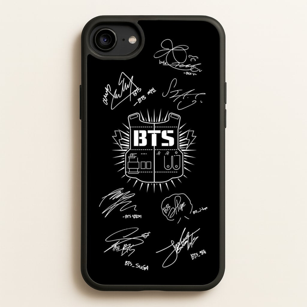 Black K-Pop Band Army Logo and Signatures - BTS Phone Case for iPhone 6 / 7 / 8 / SE