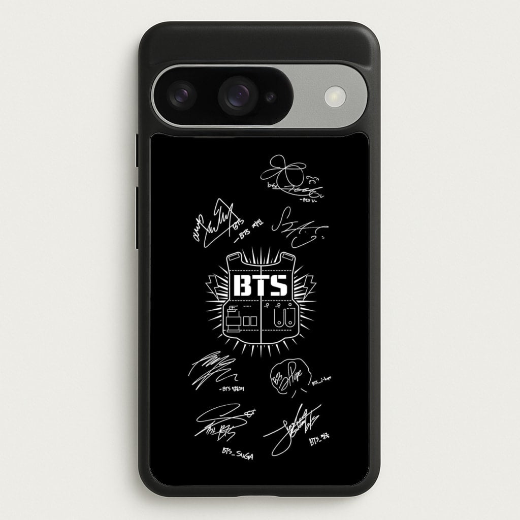 Black K-Pop Band Army Logo and Signatures Phone Case for Google Pixel 10 / 10 Pro