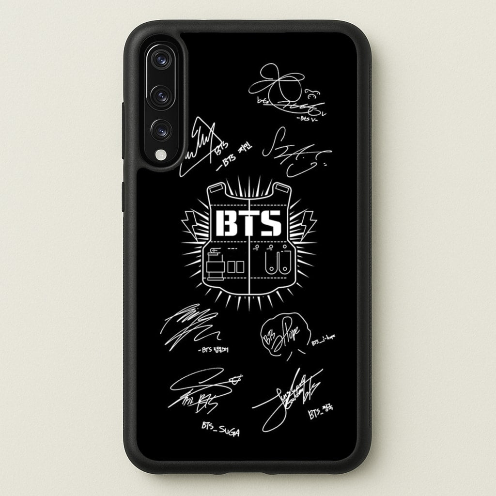 Black K-Pop Band Army Logo and Signatures - BTS Phone Case for Huawei P20 Pro