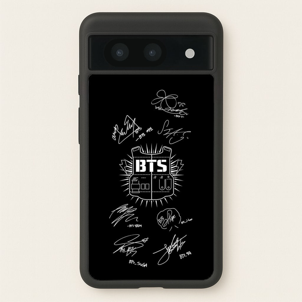 Black K-Pop Band Army Logo and Signatures - BTS Phone Case for Google Pixel 8a