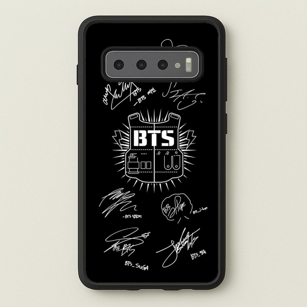 Black K-Pop Band Army Logo and Signatures - BTS Phone Case for Galaxy S10