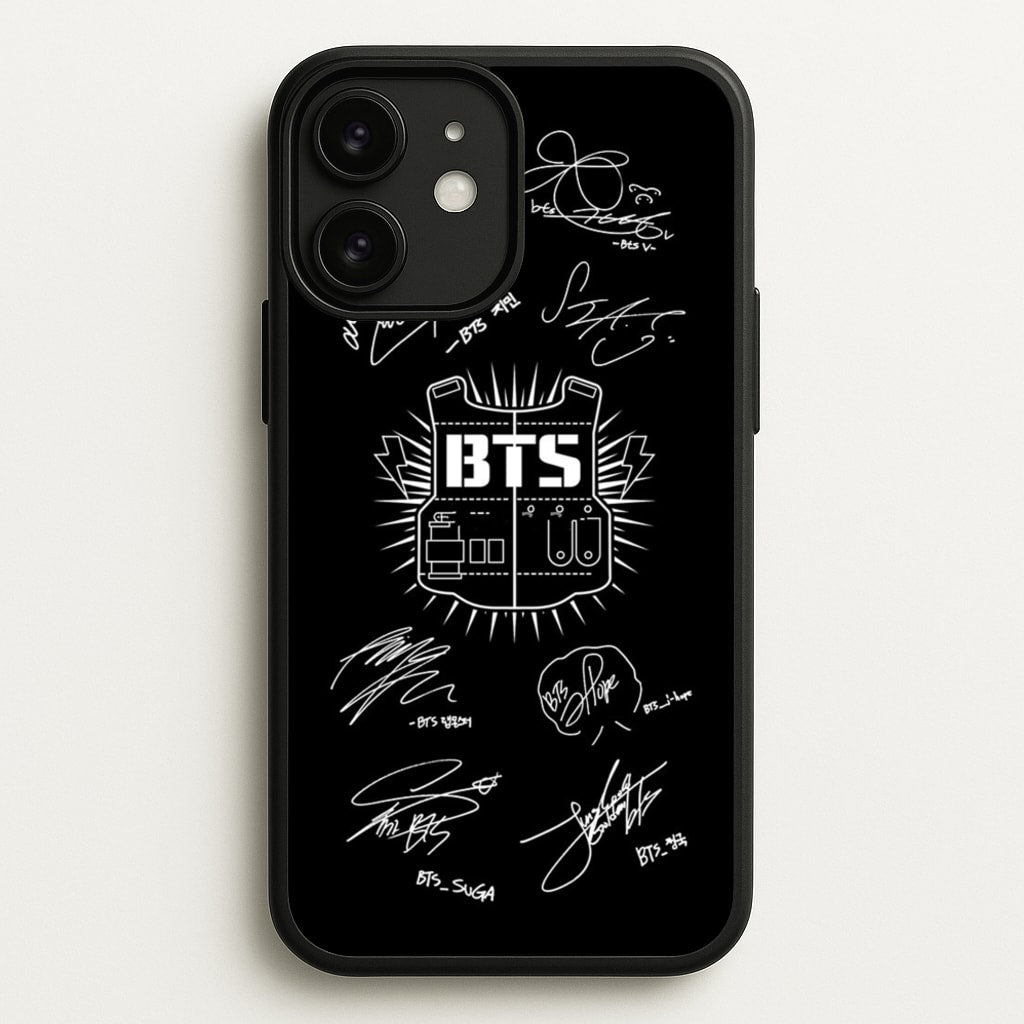 Black K-Pop Band Army Logo and Signatures - BTS Phone Case for iPhone 11