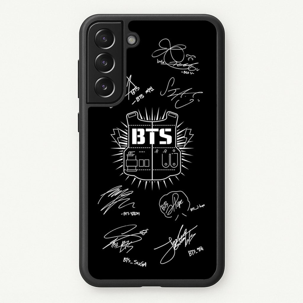 Black K-Pop Band Army Logo and Signatures - BTS Phone Case for Galaxy S21FE