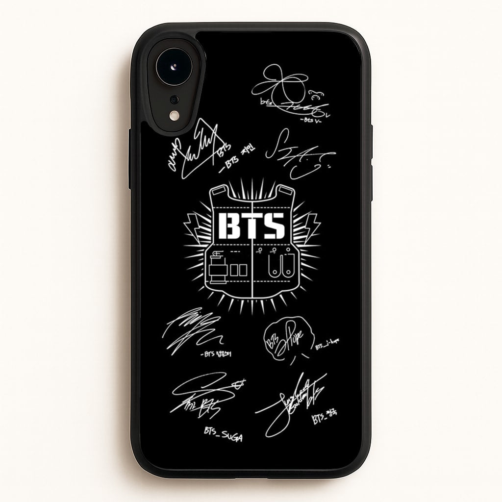 Black K-Pop Band Army Logo and Signatures - BTS Phone Case for iPhone XR