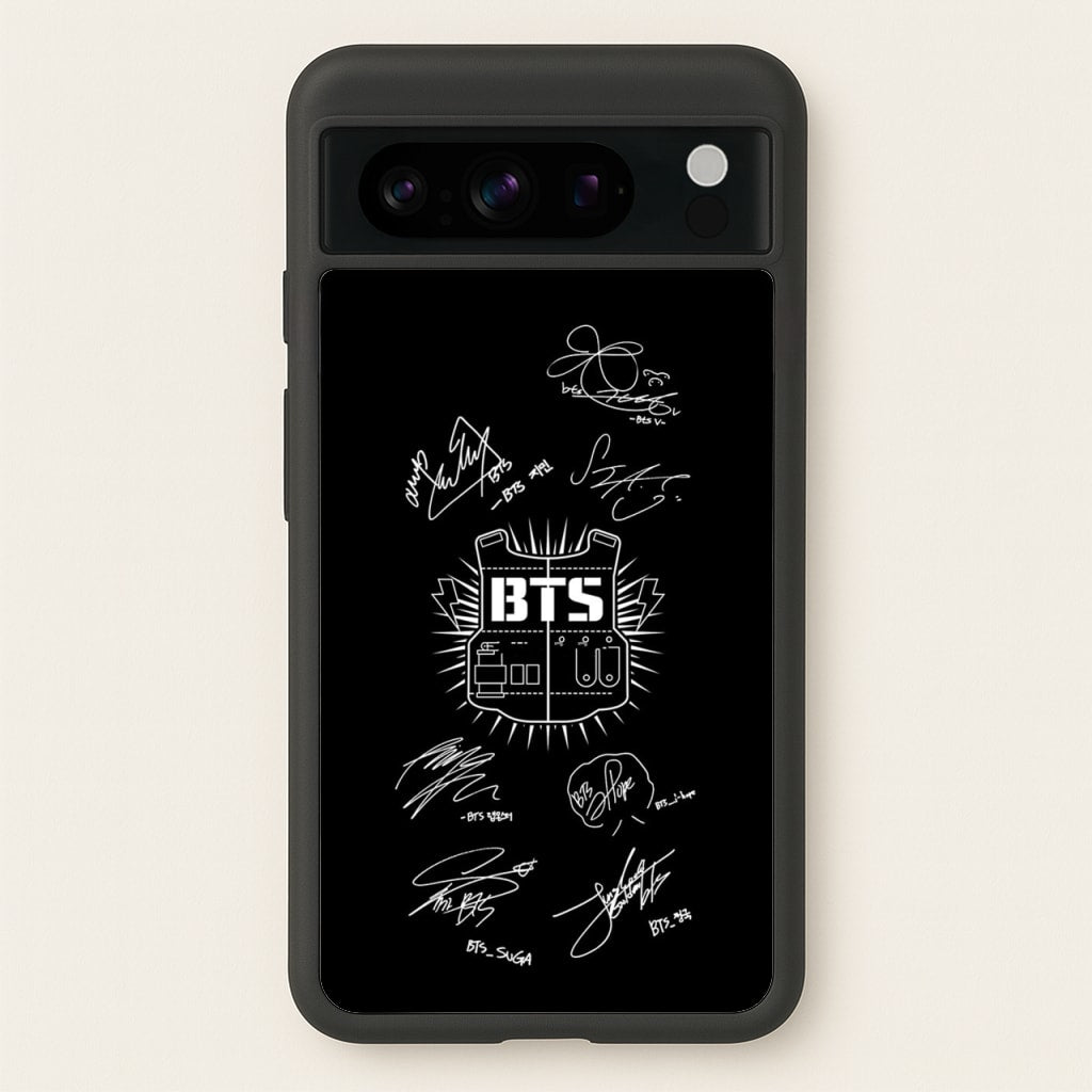 Black K-Pop Band Army Logo and Signatures - BTS Phone Case for Google Pixel 8 Pro