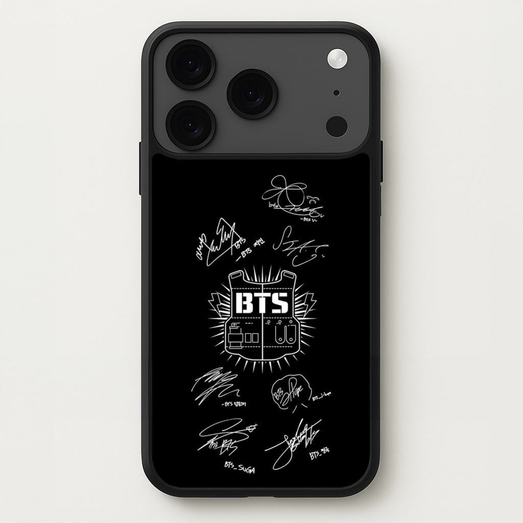 Black K-Pop Band Army Logo and Signatures Phone Case for iPhone 17 Pro Max