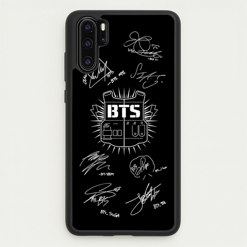Black K-Pop Band Army Logo and Signatures - BTS Phone Case for Huawei P30 Pro