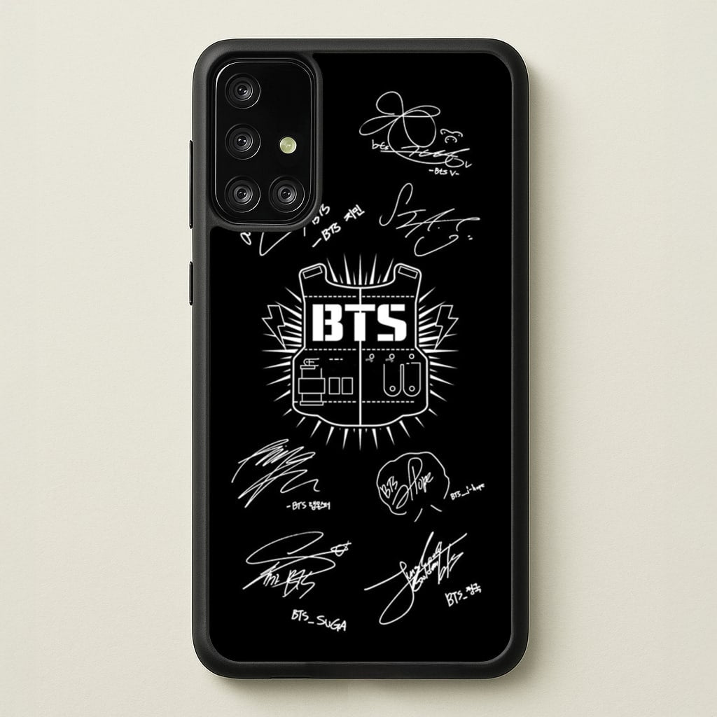 Black K-Pop Band Army Logo and Signatures - BTS Phone Case for Galaxy A71