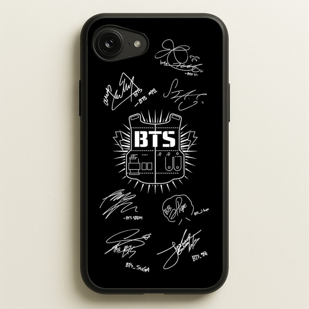 Black K-Pop Band Army Logo and Signatures - BTS Phone Case for iPhone 16e
