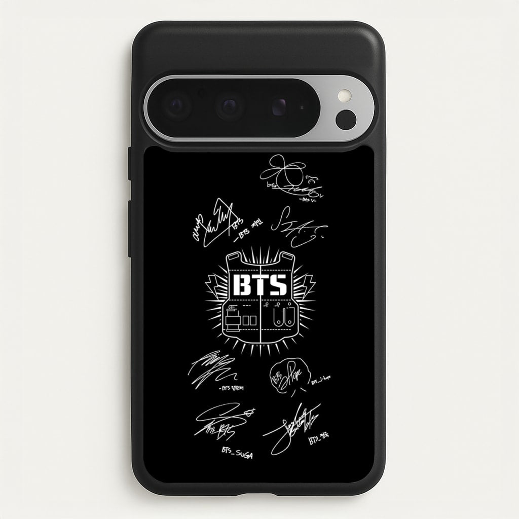 Black K-Pop Band Army Logo and Signatures - BTS Phone Case for Google Pixel 9 Pro XL