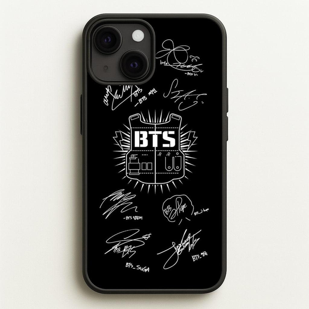 Black K-Pop Band Army Logo and Signatures - BTS Phone Case for iPhone 13 Mini