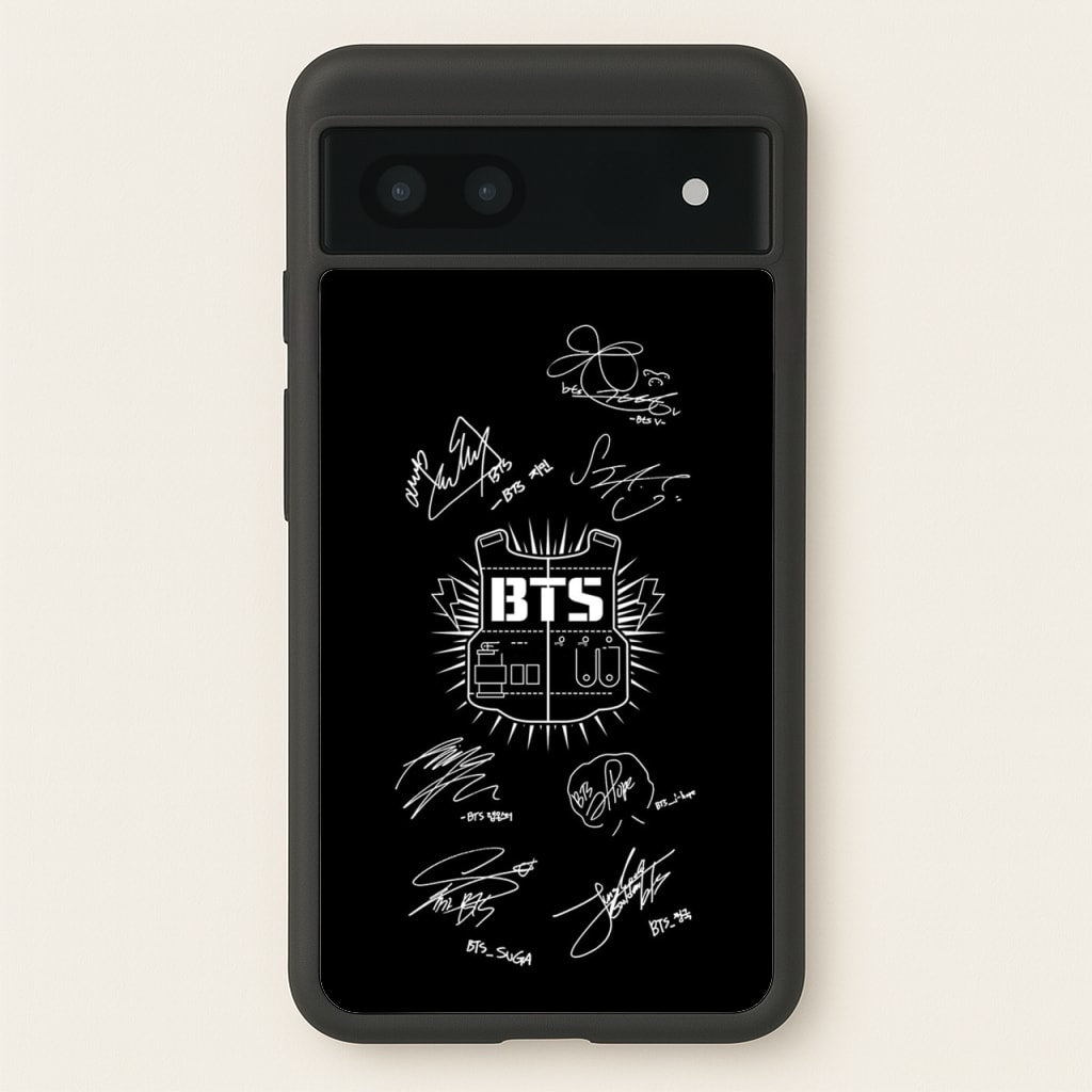 Black K-Pop Band Army Logo and Signatures - BTS Phone Case for Google Pixel 6a