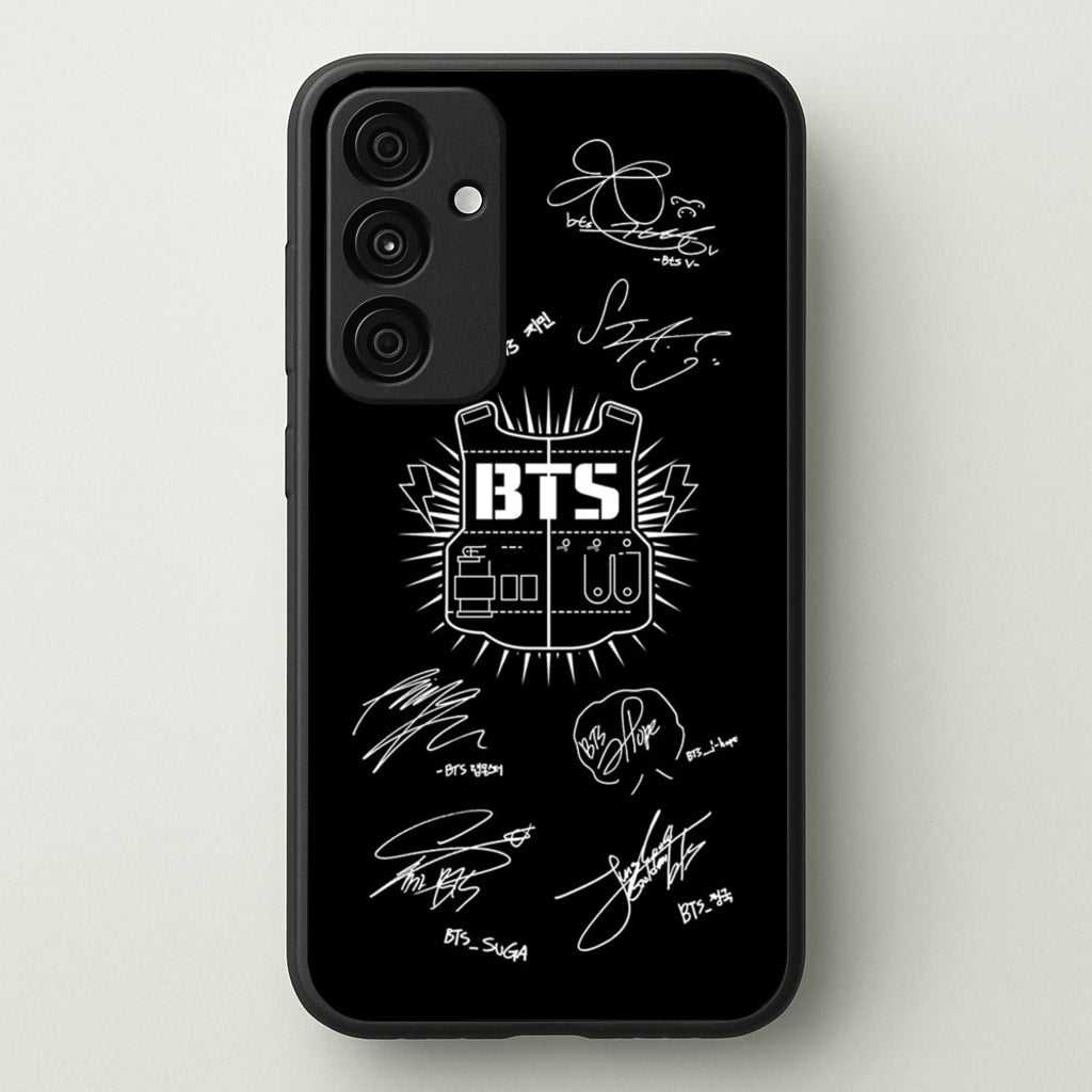 Black K-Pop Band Army Logo and Signatures - BTS Phone Case for Galaxy A15