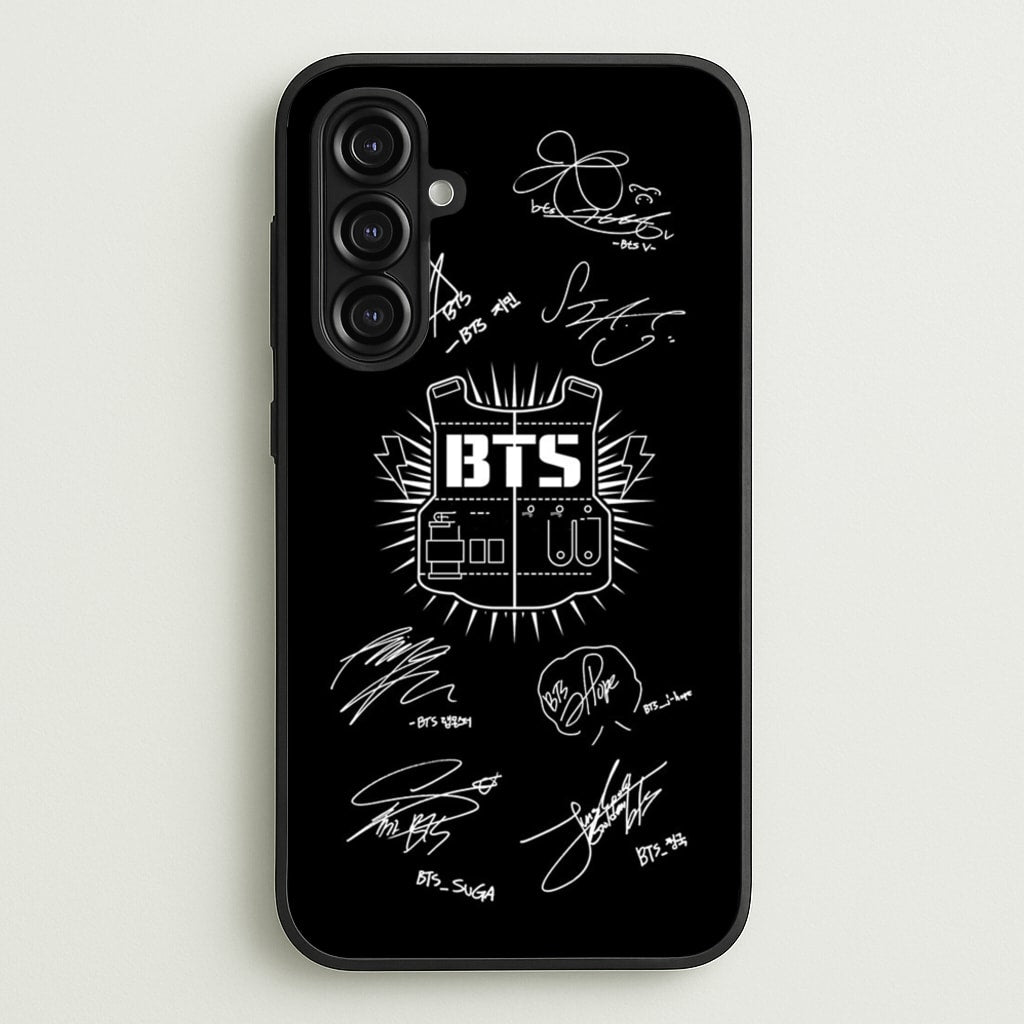 Black K-Pop Band Army Logo and Signatures - BTS Phone Case for Galaxy A16