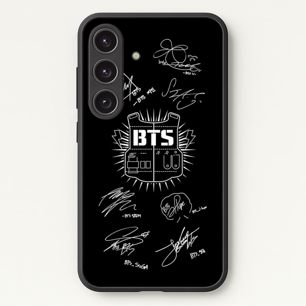 Black K-Pop Band Army Logo and Signatures - BTS Phone Case for Galaxy S24FE