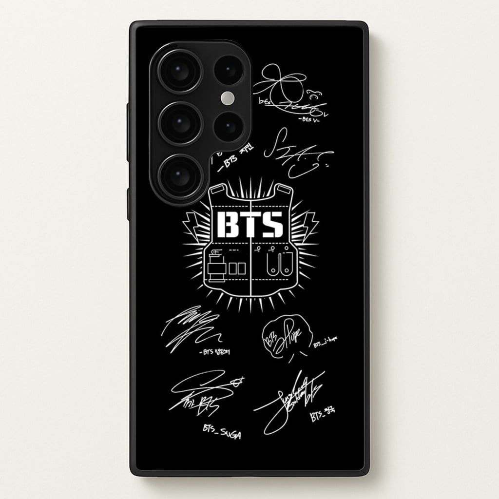 Black K-Pop Band Army Logo and Signatures - BTS Phone Case for Galaxy S24 Ultra