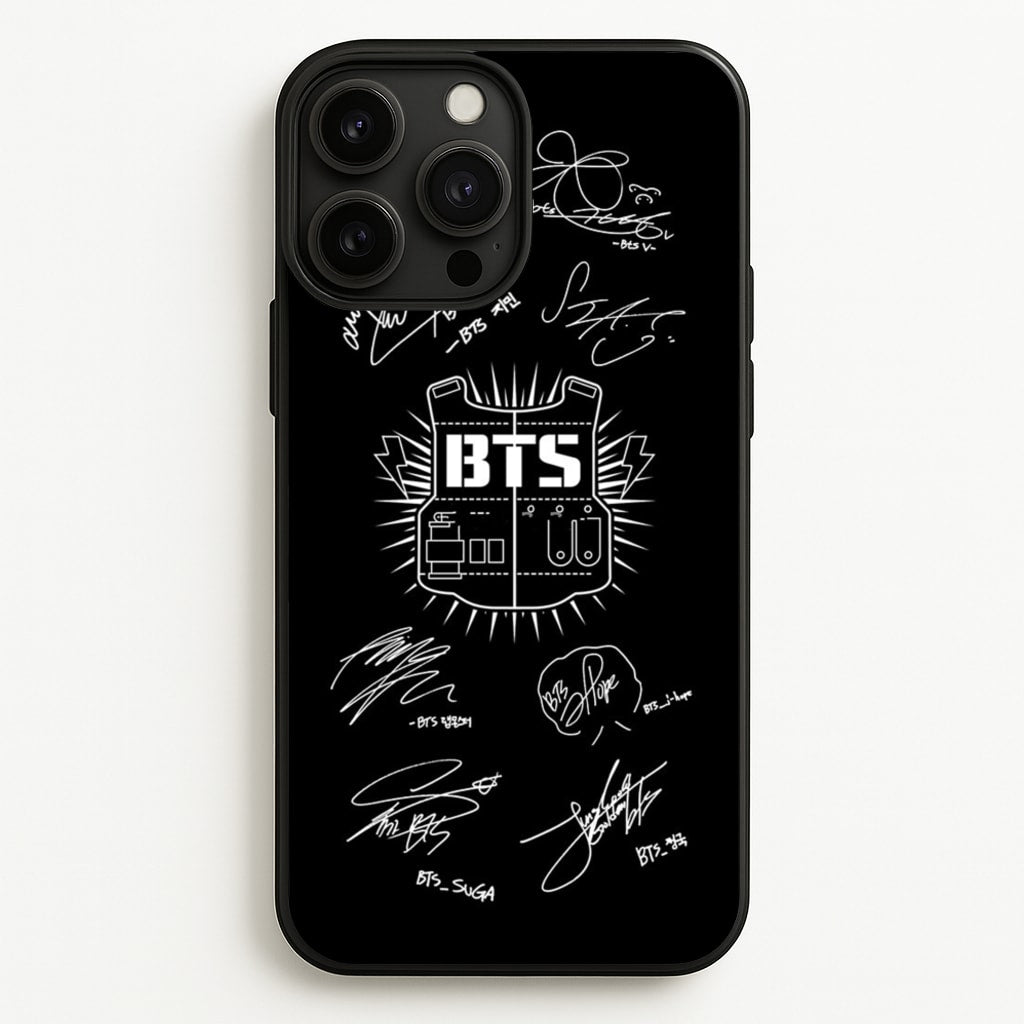 Black K-Pop Band Army Logo and Signatures - BTS Phone Case for iPhone 13 Pro Max
