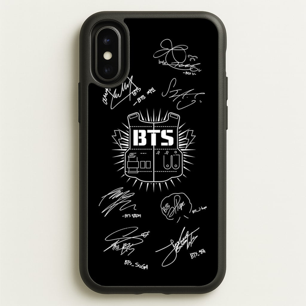 Black K-Pop Band Army Logo and Signatures - BTS Phone Case for iPhone X / XS