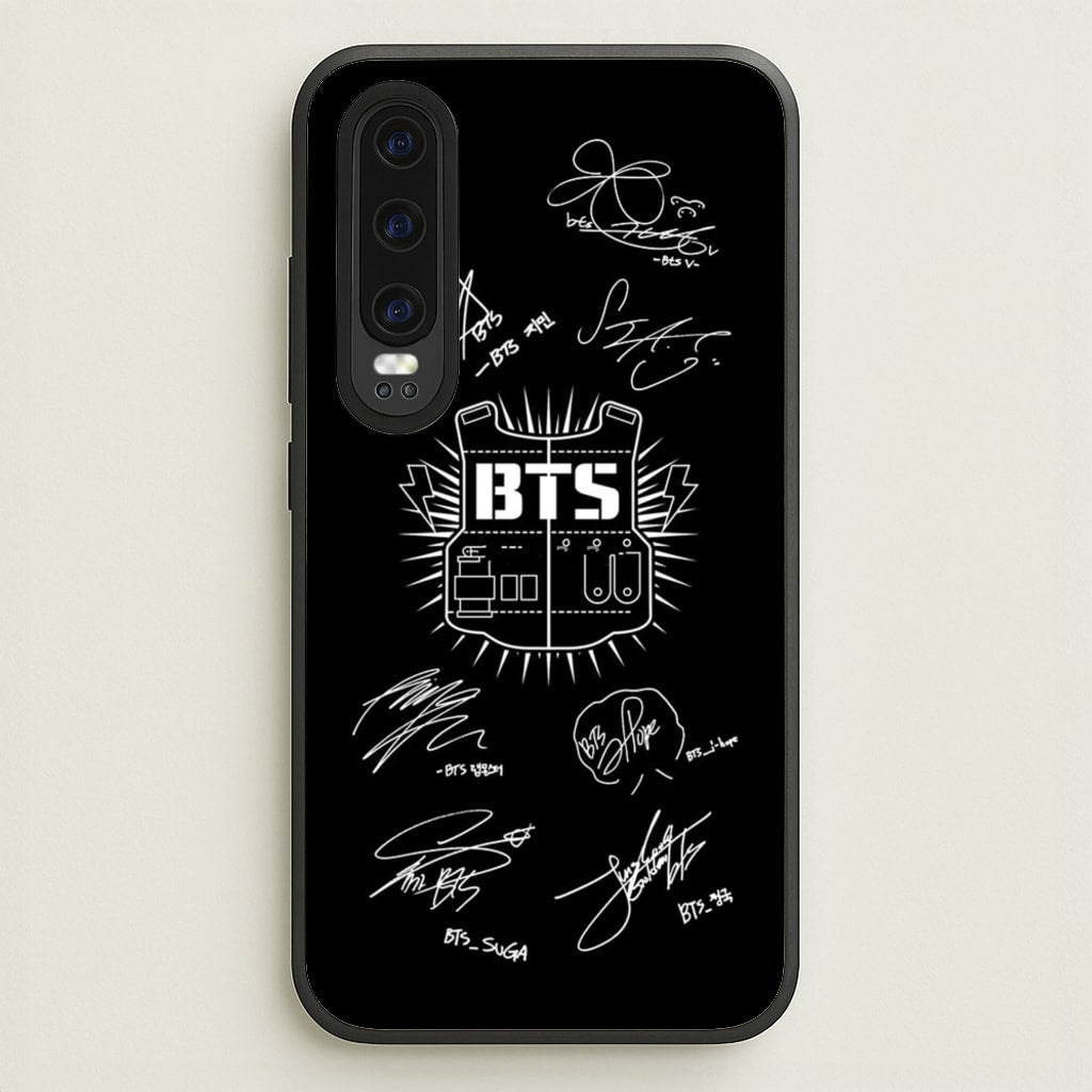 Black K-Pop Band Army Logo and Signatures - BTS Phone Case for Huawei P30
