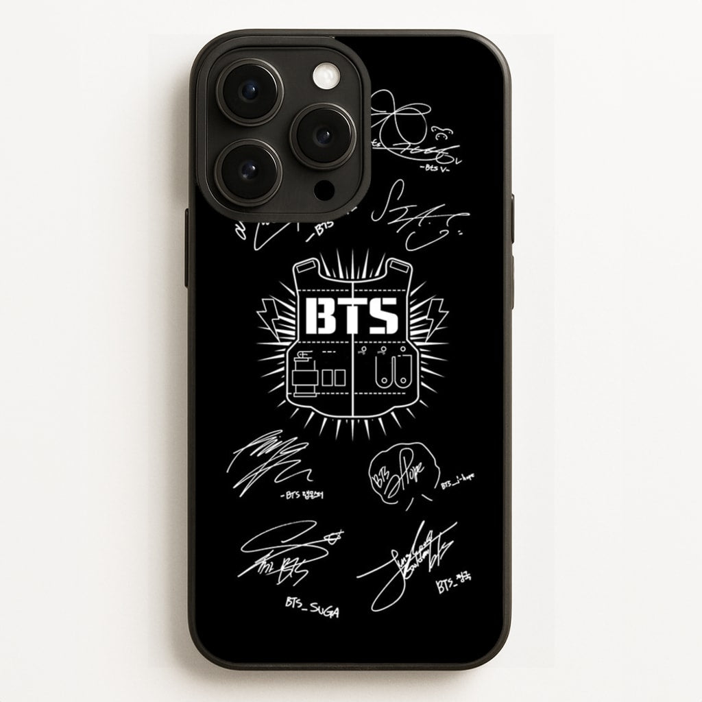 Black K-Pop Band Army Logo and Signatures - BTS Phone Case for iPhone 12 Pro Max