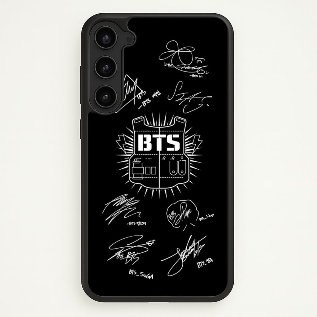 Black K-Pop Band Army Logo and Signatures - BTS Phone Case for Galaxy S23