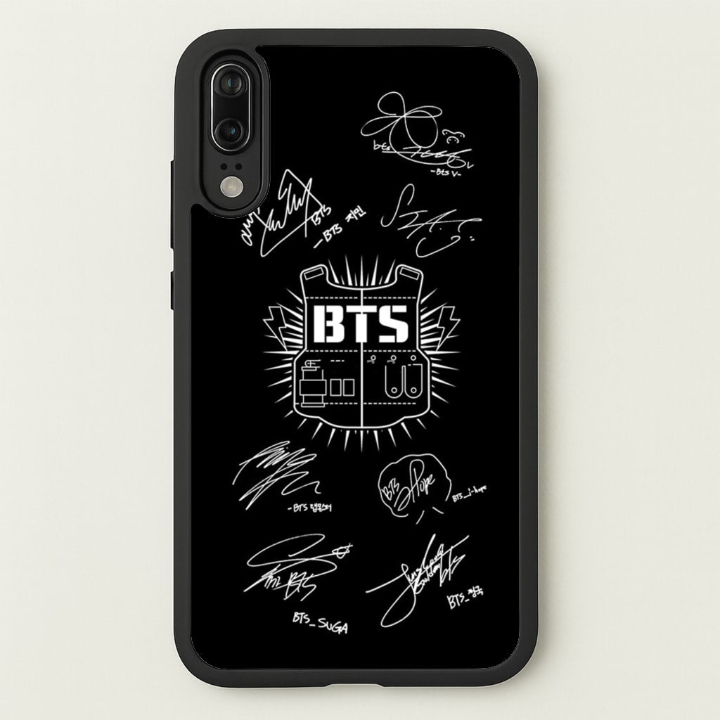 Black K-Pop Band Army Logo and Signatures - BTS Phone Case for Huawei P20