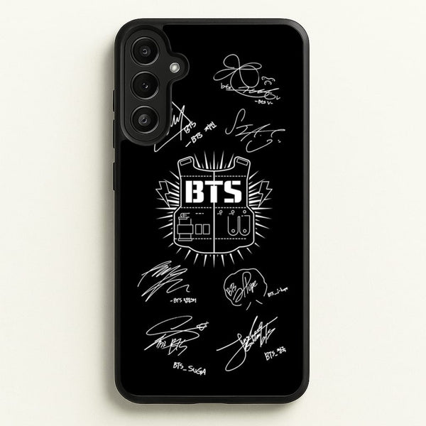 Black K-Pop Band Army Logo and Signatures - BTS Phone Case for Galaxy A36