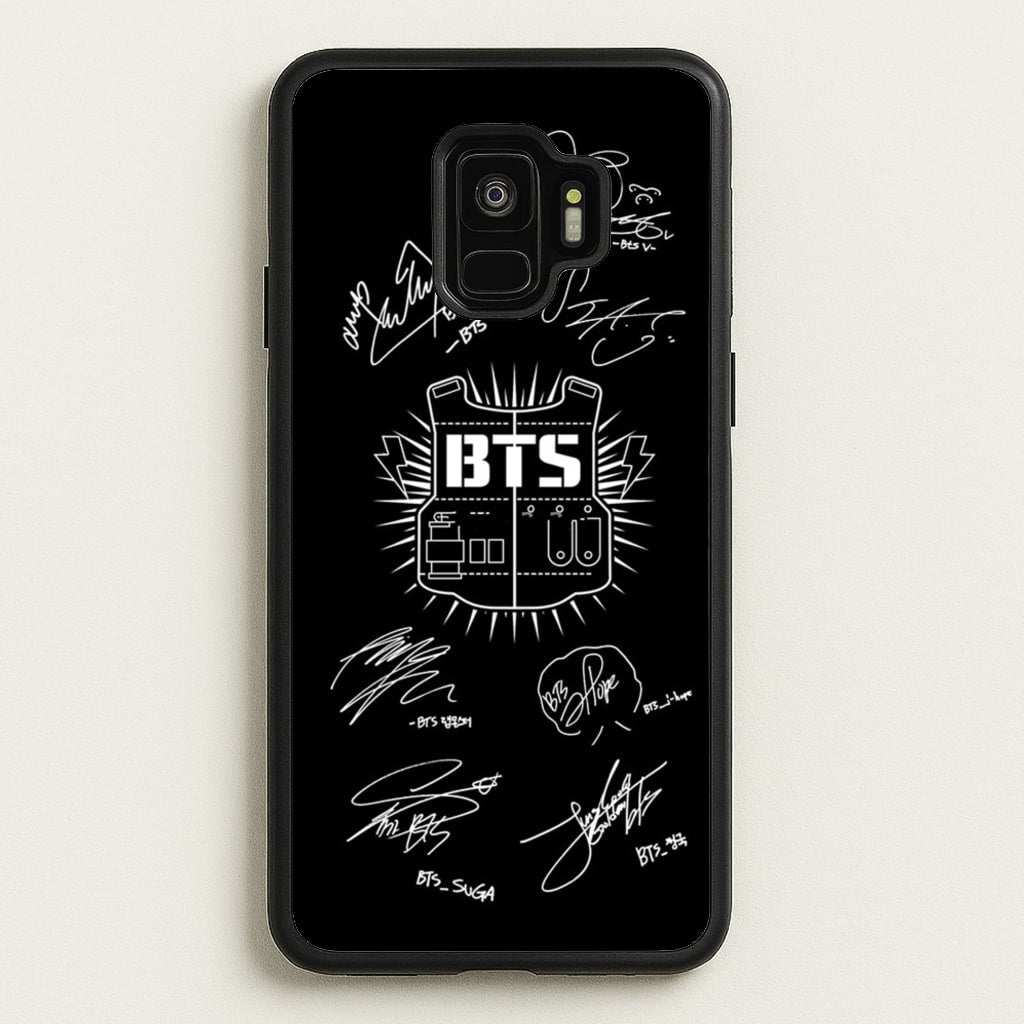 Black K-Pop Band Army Logo and Signatures - BTS Phone Case for Galaxy S9