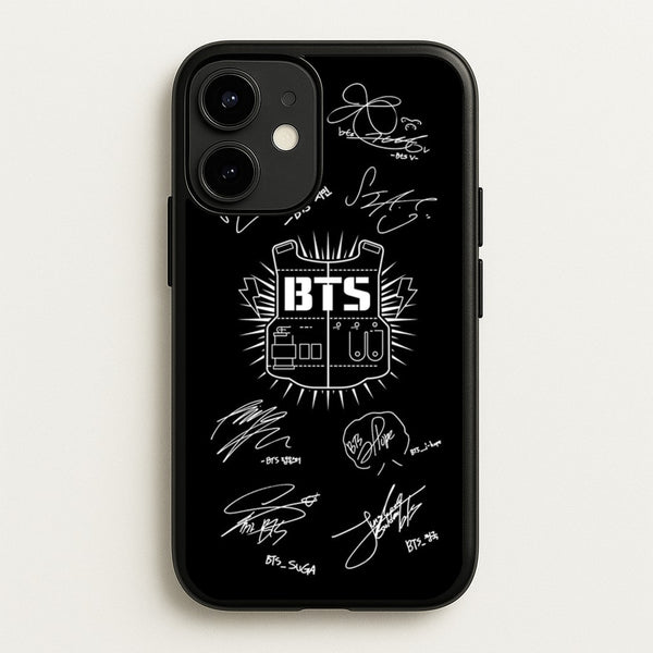 Black K-Pop Band Army Logo and Signatures - BTS Phone Case for iPhone 12 / 12 Pro