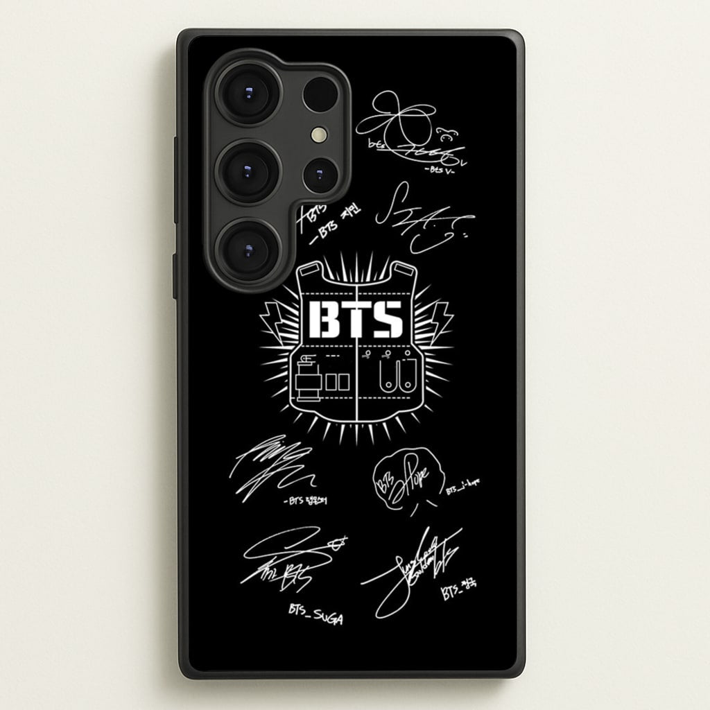 Black K-Pop Band Army Logo and Signatures - BTS Phone Case for Galaxy S25 Ultra