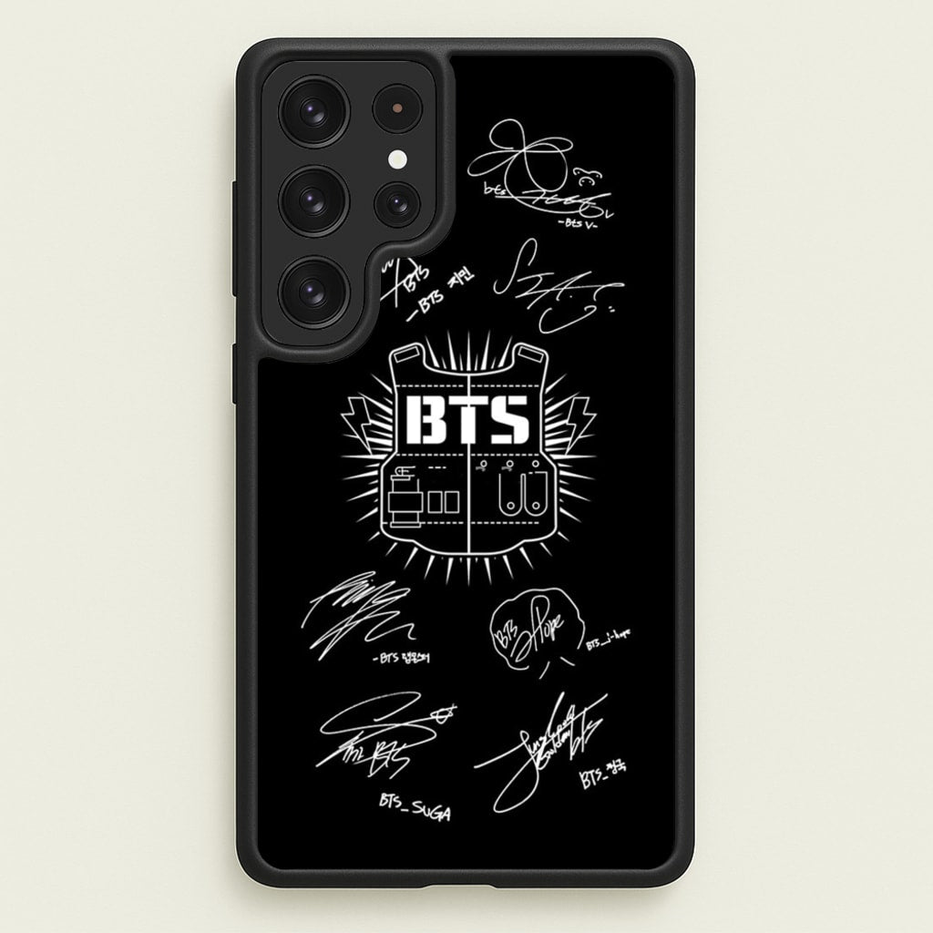 Black K-Pop Band Army Logo and Signatures - BTS Phone Case for Galaxy S22 Ultra