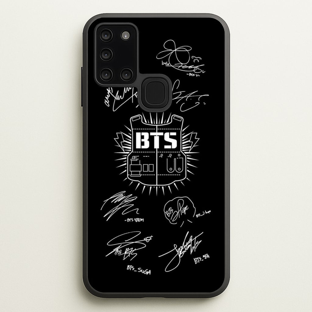 Black K-Pop Band Army Logo and Signatures - BTS Phone Case for Galaxy A21s