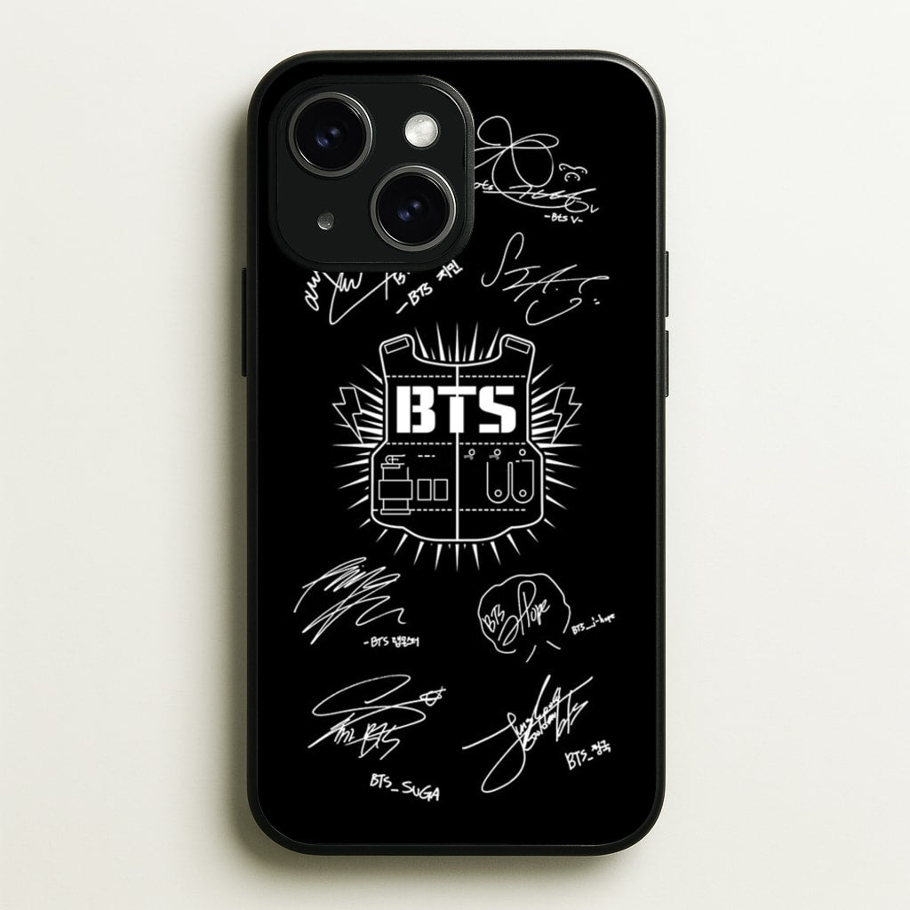 Black K-Pop Band Army Logo and Signatures - BTS Phone Case for iPhone 15