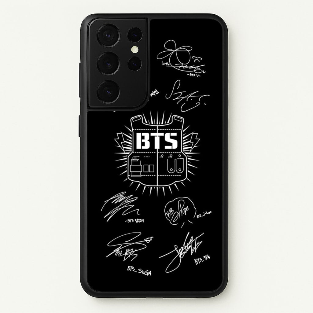 Black K-Pop Band Army Logo and Signatures - BTS Phone Case for Galaxy S21 Ultra