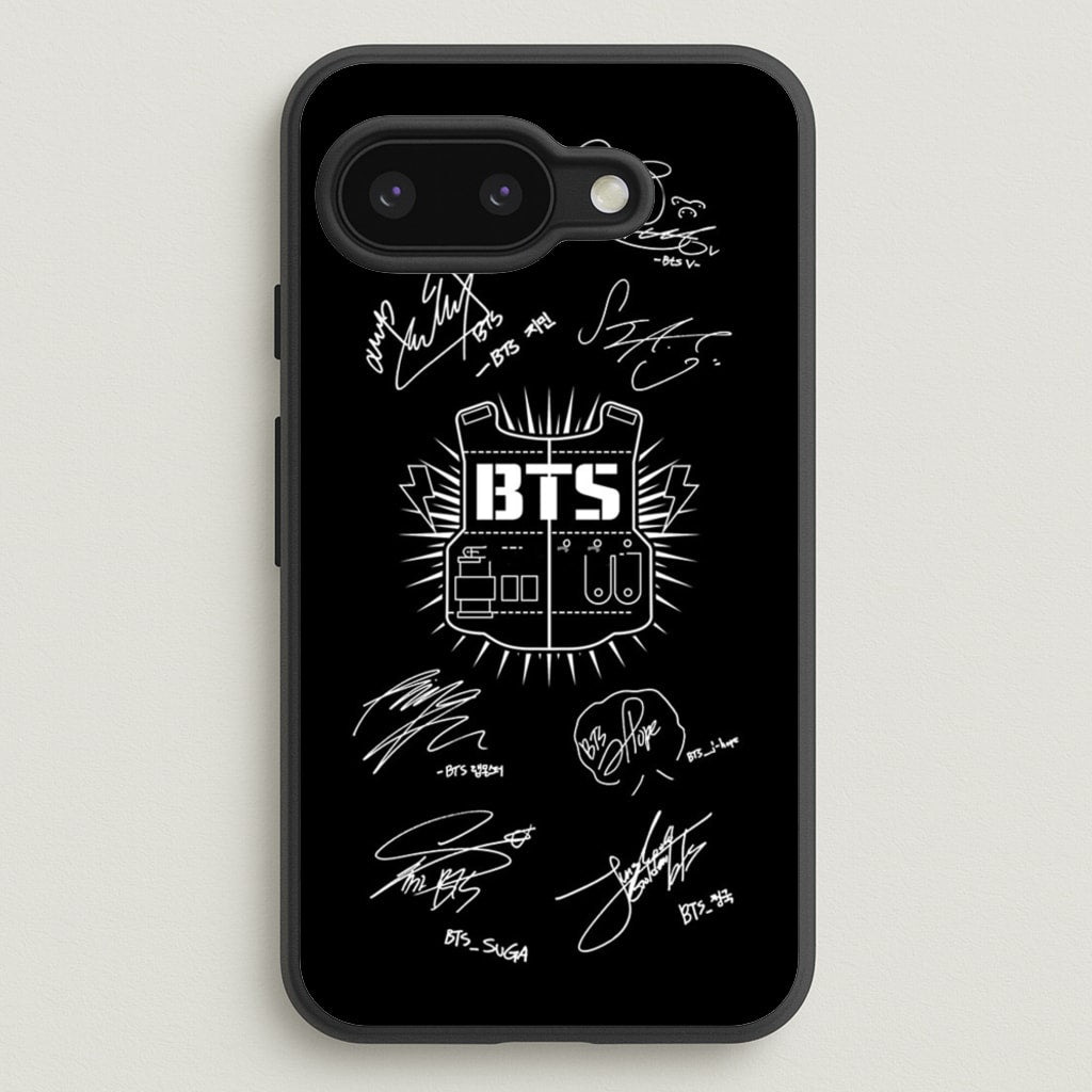 Black K-Pop Band Army Logo and Signatures - BTS Phone Case for Google Pixel 9a