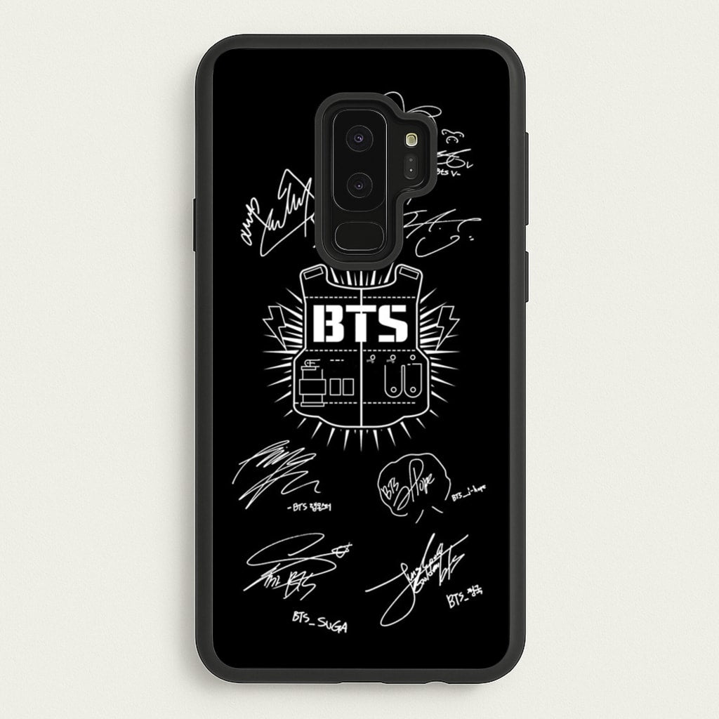 Black K-Pop Band Army Logo and Signatures - BTS Phone Case for Galaxy S9 Plus