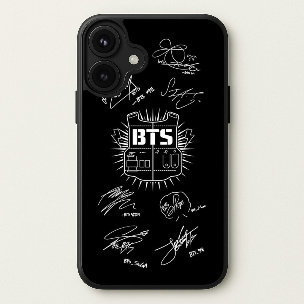 Black K-Pop Band Army Logo and Signatures Phone Case for iPhone 17