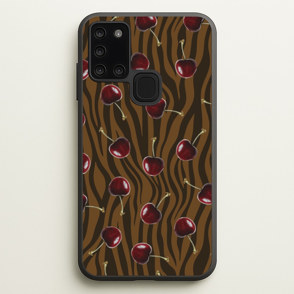 Animal Print With Cherries Pattern - Clean Girl Aesthetic Phone Case for Galaxy A21s