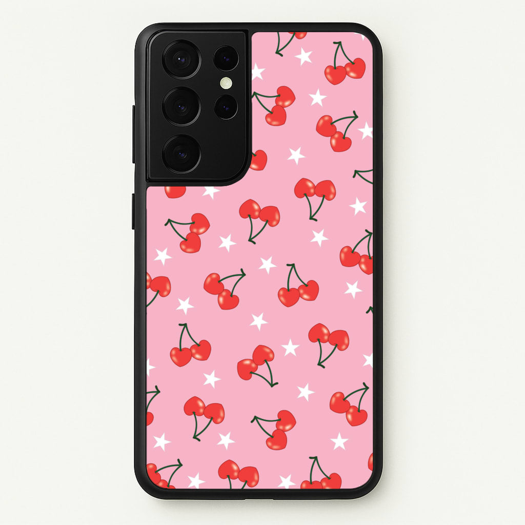 Heart Cherries And Stars Pattern - Clean Girl Aesthetic Phone Case for Galaxy S21 Ultra