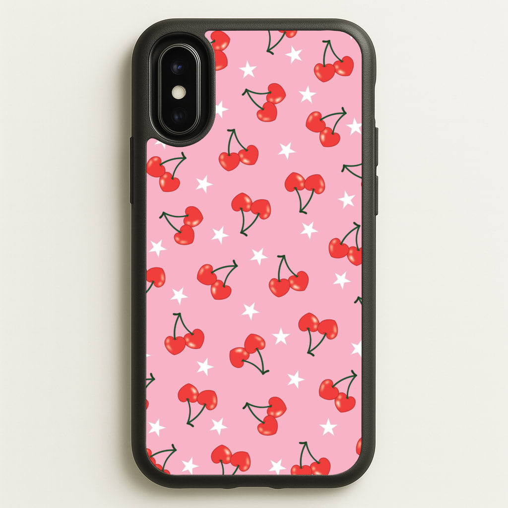 Heart Cherries And Stars Pattern - Clean Girl Aesthetic Phone Case for iPhone X / XS