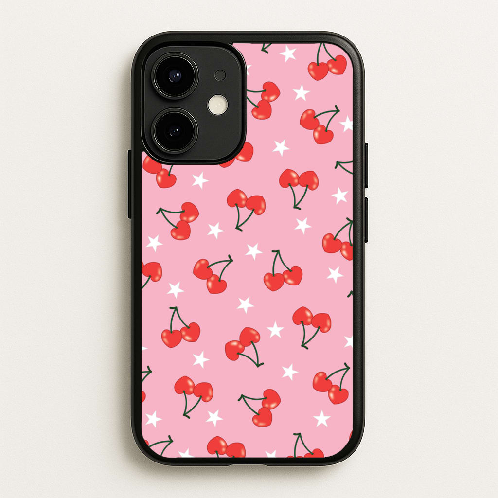 Heart Cherries And Stars Pattern - Clean Girl Aesthetic Phone Case for iPhone 12 / 12 Pro