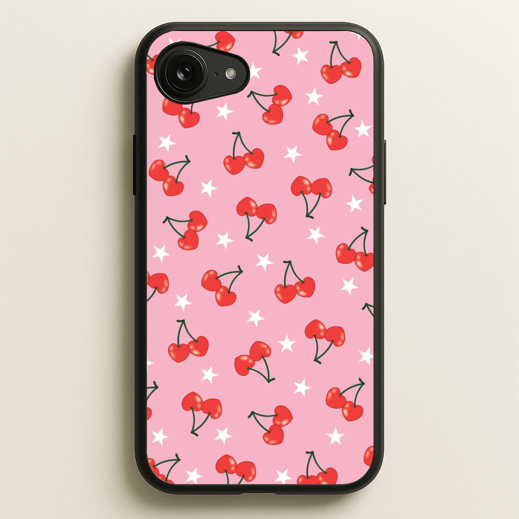 Heart Cherries And Stars Pattern - Clean Girl Aesthetic Phone Case for iPhone 16e