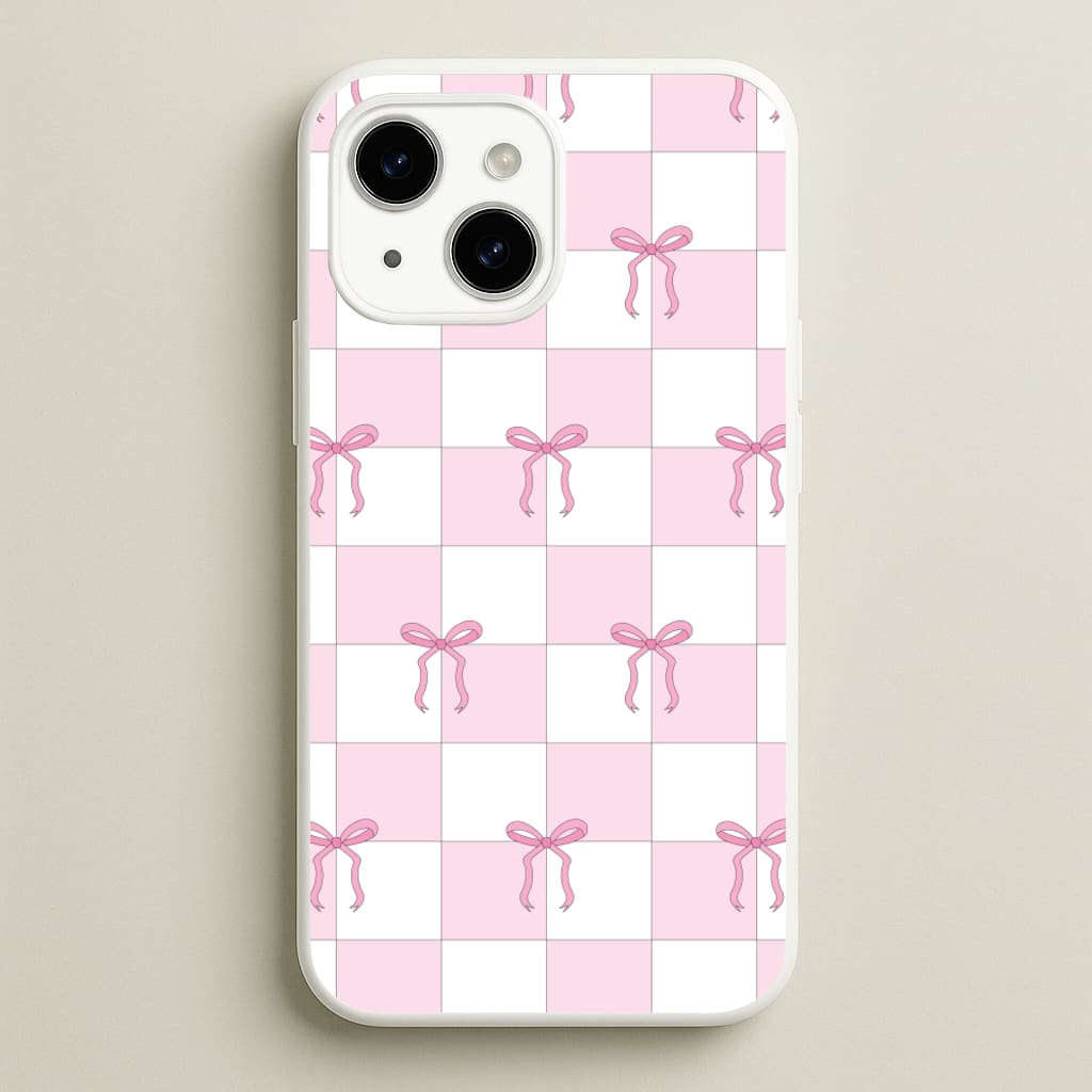 Checkered Pink Coquette Bows - Clean Girl Aesthetic Phone Case for iPhone 14