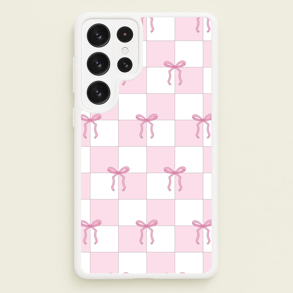 Checkered Pink Coquette Bows - Clean Girl Aesthetic Phone Case for Galaxy S22 Ultra