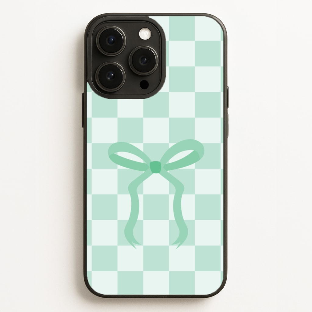 Checkered Coquette Bow Cyan - Clean Girl Aesthetic Phone Case for iPhone 16 Pro Max